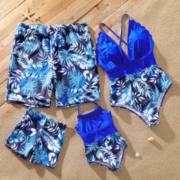 Family Matching Outfits Family Matching Outfits Swimsuits Leaves Print Blue One-piece Swimsuit