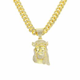 Hip Hop Men Rapper diamond pendant necklace shiny Jesus portrait pendant micro-inset zircon Jewellery night club accessory Sweater Collarbone Cuban chain 1697