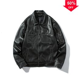 Men's Jackets Leather Jacket Men Fashion Motorcycle Pu Coats Loose Turn Down Collar Biker Zipper Pockets 230812