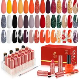 26pcs Gel Nail Polish Kit: 21 Colors + Glitter + Top Base Coat + Blooming Gel + Marble Effect + Double-ended Nail Art Pen - Perfect for Halloween & Christmas Nail Art!