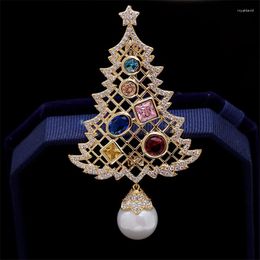 Brooches Christmas Tree Pearl Brooch Luxury Cubic Zirconias Pins Jewellery Colourful Rhinestone For Women Gift Coat Jwellery