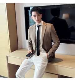 Men's Suits Casual Handsome Blazer Slim Korean Style Luxury Dark Stripe One-button Suit Jacket Black Apricot Brown Coat Party Wedding