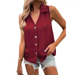 Women's Blouses Summer Shirt Vest Casual Fashion Elegant Solid Color Tank Tops V-Neck Sleeveless Office Lady Button Tunic Shirts