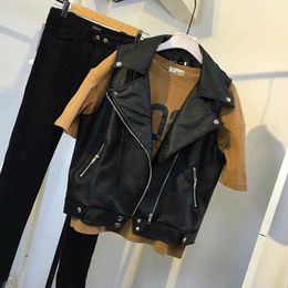 Women's Vests Woman Black Vintage Fake Leather Vest Female Faux Leather Biker Vests Ladies Zipper Autumn Sleeveless Jackets Waistcoat G176 HKD230812