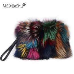 Waist Bags MS Minshu Women Fashion Handbag Lady Wallet Natural Colorful Purse HandBag Real Fur Hand 230812