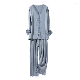 Women's Sleepwear Womens Long Sleeve Pant 2PCS Sleep Suit Casual Faux SIlk Nightwear M-XXL Sexy V-Neck Pajamas Spring Autumn Lace Trim