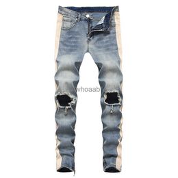 Men's Side Stripe Big Holes Ripped Jeans Streetwear Ankle Zipper Slim Skinny Stretch Denim Pencil Pants Trousers Blue Black HKD230812