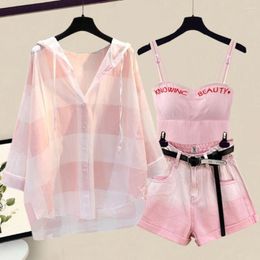 Women's Tracksuits 2023 Women Summer Fashion Striped Hooded Shirt Slim Printed Vest Tie Dye Denim Shorts Three Pieces Set Oversized 4XL