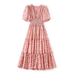2023 Summer Pink Floral Print Dress Short Sleeve V-Neck Panelled Midi Casual Dresses W3Q064507