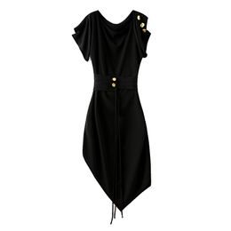 2023 Summer Black Solid Colour Panelled Dress Short Sleeve Round Neck Buttons Midi Casual Dresses W3Q014105