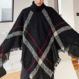 Men's Trench Coats 2023 Spring Autumn Shawl Lady Knitted Wrap Plaid Pullover Cloak Loose Turtleneck Sweater Fall Winter Poncho Capes 230812