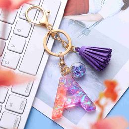 Keychains Lanyards Resin Glitter Letter Keychain Pink Purple Colour Contrast Splicing Tassel Pendant Keyring Fashion Charm Alphabet Keyholder Gift