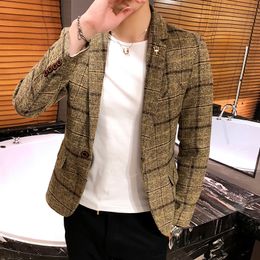 Men's Suits Blazers Men Checked Suit Jacket Spring Linen Slim Suit Jacket Fashion One-button Business Casual Jacket Large M-5XL Suit Jacket 230811