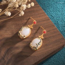 Dangle Earrings White Jade Flower Jadeite Ear Studs 925 Silver Fashion Carved Women Natural Gemstones Luxury Designer Gifts Jewelry