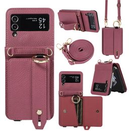 Crossbody Lychee Grain Leather Vogue Phone Case for Samsung Galaxy Folding Z Flip5 Flip3 Flip4 5G Wristband Card Slot Wallet Bracket Fold Shell with Hinge Protection