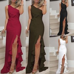 Casual Dresses Scarleton 2023 European And American Split Ruffles Large Swing Slanted Shoulder Pullover Evening Dress Women's
