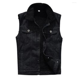 Men's Vests 2023 Winter Fleece Warm Denim Vest Black Jean Waistcoat Sleeveless Slim Fit Tank Top Turn-down Collar Coats