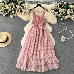 Basic Casual Dresses 2024 Summer Slimming Patchwork Mesh Cake Dress Women New Fashion Sexy Sleeveless Holiday Clothes Vestidos Elegantes Para Mujer