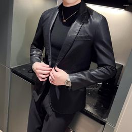 Men's Jackets 2023 Men Suit Black Slim Fit Blazer Hombre PU Leather Jacket Male One Button Business Casual Prom Korean Coat