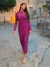 Casual Dresses Sleeve Midi Female 2023 Fashion Purple Lady Vestidos Women's Dress Embroidery Hollow Out Summer See Through Long