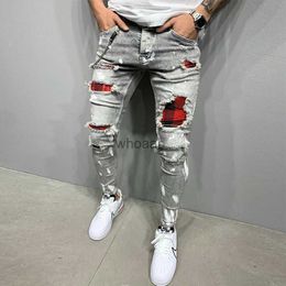 New Men's Skinny Ripped Jeans Fashion Grid Beggar Patches Slim Fit Stretch Casual Denim Pencil Pants Painting Jogging Trousers HKD230812