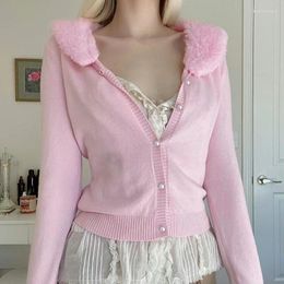 Women's Knits Gaono Women Y2K Kawaii Fur Knitted Jackets Pearl Button Down Vintage Cropped Coat Long Sleeve Harajuku Aesthetic Cardigans
