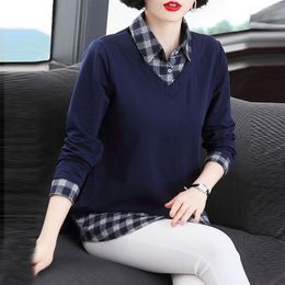 Women's T-Shirt Korean Plaid Patchwork Pullover Basic Tunic Ladies Tops Autumn Casual Slim Long Sleeve Elegant Cotton T Shirt Women Clothing 230811