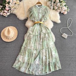 Basic Casual Dresses 2024 Summer Elegant Flower Chiffon Long Dress Women's Butterfly Sleeve O Neck Single-Breasted Belt Floral Print RobeParty Vestidos