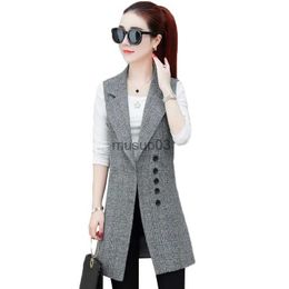 Women's Vests Spring Autumn Women's Vest Jacket 2021 New Plaid Sleeveless Waistcoat Female Korean Suit Collar Mid-length Vest Ladies Coat 4XL HKD230812