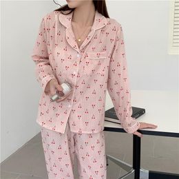 Women's Sleepwear Cherry Print Pink Pajamas Set Women Single Breasted Shirts Long Pants Two Piece Homewear Home Clothes Cotton