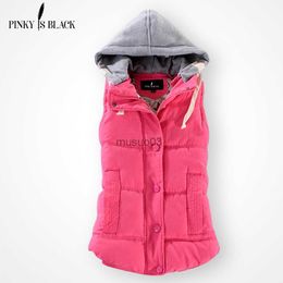 Women's Vests Pinky Is Black Autumn Winter Fashion Cotton Vest Women Patchwork Sleeveless Hooded Collar Casual Coat Colete Feminino Waistcoat HKD230812