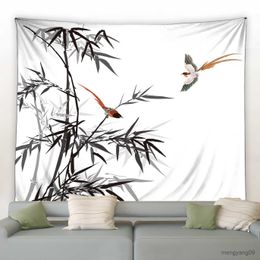 Tapestries 3D Chinese Ink Bamboo Tapestry Birds Red Flowers Mountain Water Natural Landscape Tapestries Dorm Living Room Wall Hanging Black R230812