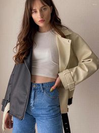 Women's Jackets Faux Leather Bomber Jacket Women Fashion Spliced Contrast Color Coat Motorcycle Soft PU Lady Casual Loose Chic Outerwear