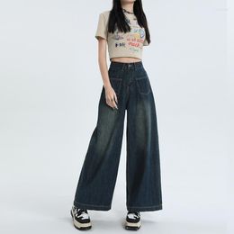 Women's Jeans Blue Summer High Waist All-matching Wide Leg Pants Vintage Loose Casual Washed Distressed Ankle Length Trousers