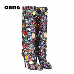 Boots Luxurious Crystal-embellished Knee Boots Women Sexy Pointed-toe Stilettos Boots Fashion Female Dress Party Shoes Botas De Mujer 230811