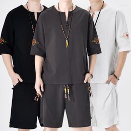 Men's Tracksuits Summer Casual Half-sleeve V-neck Pullover With Knee-length Shorts 2-piece Loose Embroidered T-shirt Set