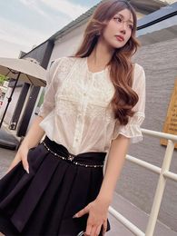 Women's Blouses Dabuwawa Embroidered Shirt 2023 Summer Loose Bow Rivet Casual Office Lady Top DM1BST057