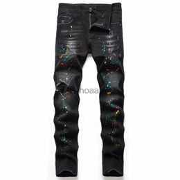 2022 High Quality Men Casual Black Jeans Paint Slim Straight Hole Biker Jeans Autumn Jean Homme Denim Pants Plus Size 42 HKD230812