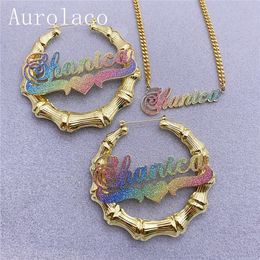 Pendant Necklaces AurolaCo Custom Jewellery Set Bling Name Necklace Cuban Chian Colourful Sticker Bamboo Earrings Custom Name Necklace Jewellery Gift 230811