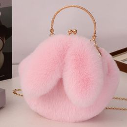 Evening Bags Sling Bag Women Pink Rabbit Ears Bag Chain Shoulder Crossbody Bag Plush Handbag Women 230812