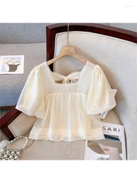 Women's Blouses Women Apricot Blouse Shirt Tops Korean Vintage Fashion Y2k Short Sleeve Square Collar Ladies Elegant Clothes Summer