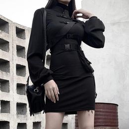 Casual Dresses Black Short Bandage Goth Dress Women Gothic Punk Belt Long Sleeve Streetwear Mini Vestidos Spring 2023