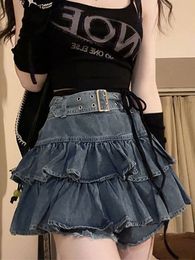 Skirts Y2K Vintage Women Korean Pleated Belted Short Denim Mini Skirts Aesthetic Fairy Grunge High Waist Jeans A-line Skirt Alt Clothes 230811