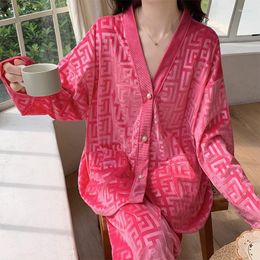 Women's Sleepwear Pink Pyjamas 2Pcs Loungewear Women Velour Warm Casual Home Clothes Sexy Jacquard Shirt&pants Nightwear Pijama Mujer