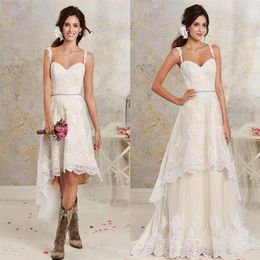 2019 Cheap Beach High Low Wedding Dresses with Detachable Train Spaghetti Straps Lace Appliqued Overskirt Bridal Gowns319Z