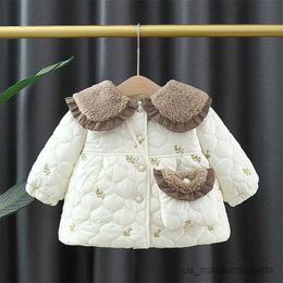 Jackets Pink/white Baby Girls Collar Embroidery Flowers Winter Coats+Bag kids Toddlers Padded Warm Overcoats Children Clothes R230812
