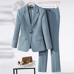 Women's Two Piece Pants Women Fashion Blue Pant Suit 2 Set Female Long Sleeve Slim Jacket Pencil Trouser Business Single Button Formal