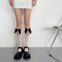 Women Socks Ladies Knee High Lace Decorated Bowknot Hollow Out Soft Casual Elastic Tube Street Black White