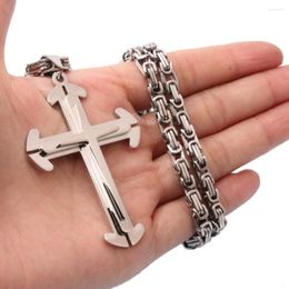 Pendant Necklaces 2.52" 1.69" Punk Fashion Gift Stainless Steel Silver Color Jesus Cross Crucifix Men's Necklace Byzantine Chain 22" 5mm