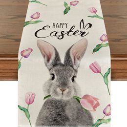 Table Runner Tulip Bunny Easter Table Runner 30*180CM Linen Happy Easter Dining Table Decoration for Spring Summer Seasonal Holiday 230811
